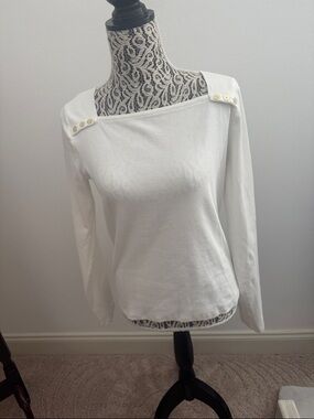 Lilly Pulitzer White Ribbed Long-Sleeve Square Neck Top with Gold Buttons